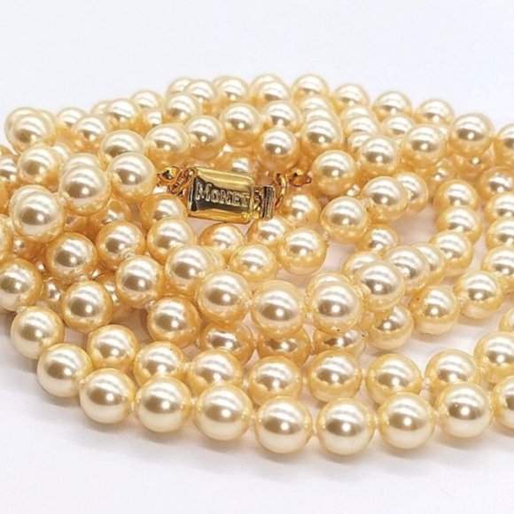 1970s 60" MONET Vintage Oyster Cream Knotted Glass Pearl Necklace-Rare-Unworn! - Picture 3 of 7
